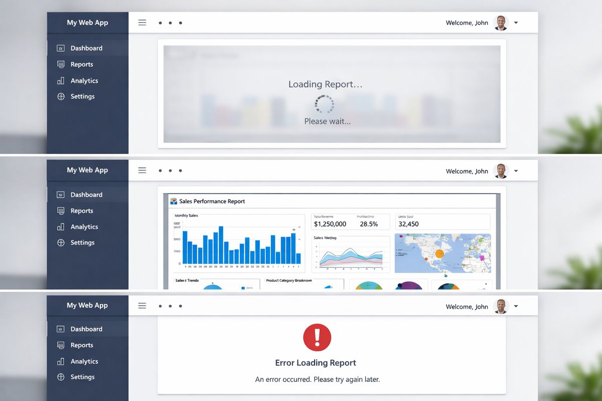 How to Embed a Power BI Report in Your Web App A web app page with an embedded Power BI report frame loading inside a content area, alongside visible status indicators for loading, successful rendering, and an error state, showing the report inside a clean app layout