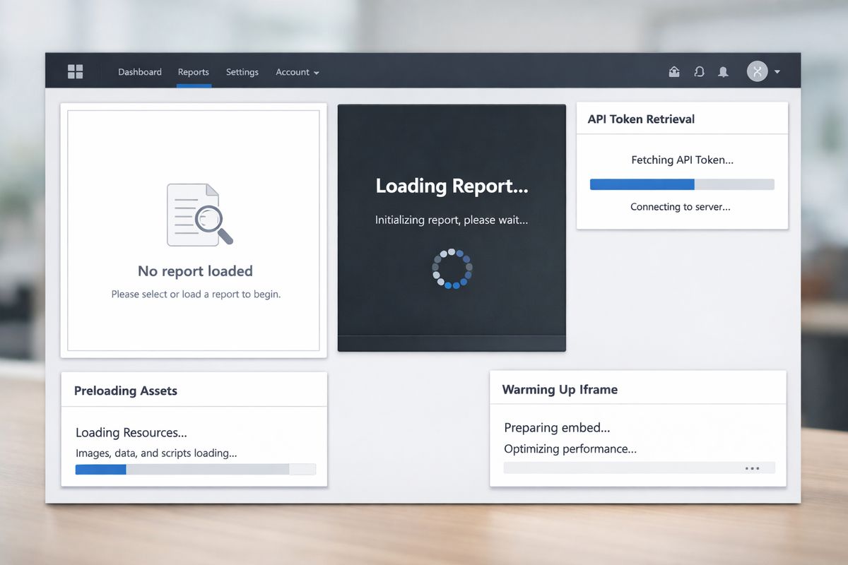 A web application page with an empty report container in the middle, a loading report frame being initialized beside it, and separate background panels showing API token retrieval, preloaded assets, and an iframe warming up before the report fully appears