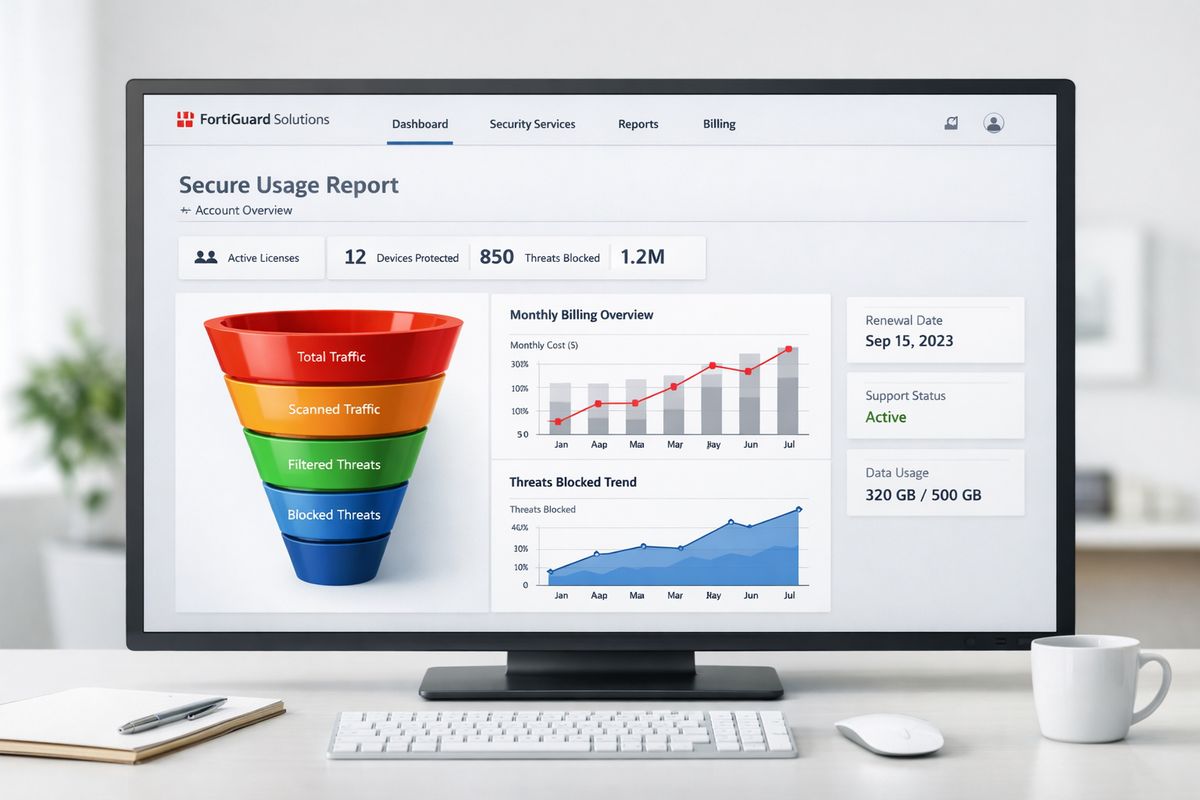 A branded customer account portal on a large screen displaying a secure usage report, with a funnel, billing charts, and account-specific metrics arranged inside a product interface