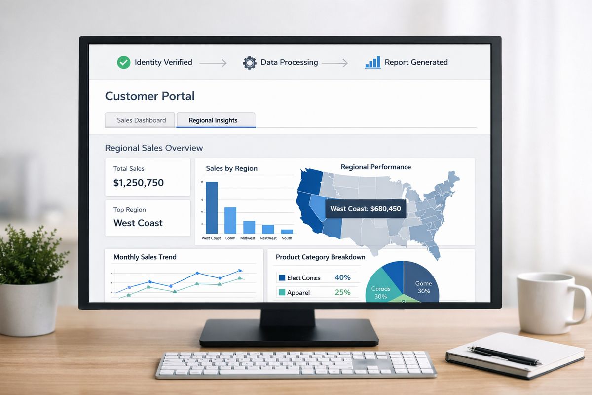 A web application embedding a business intelligence report inside a customer portal, with an identity verification step feeding into the report engine and then a filtered set of sales and region data appearing in the embedded view.
