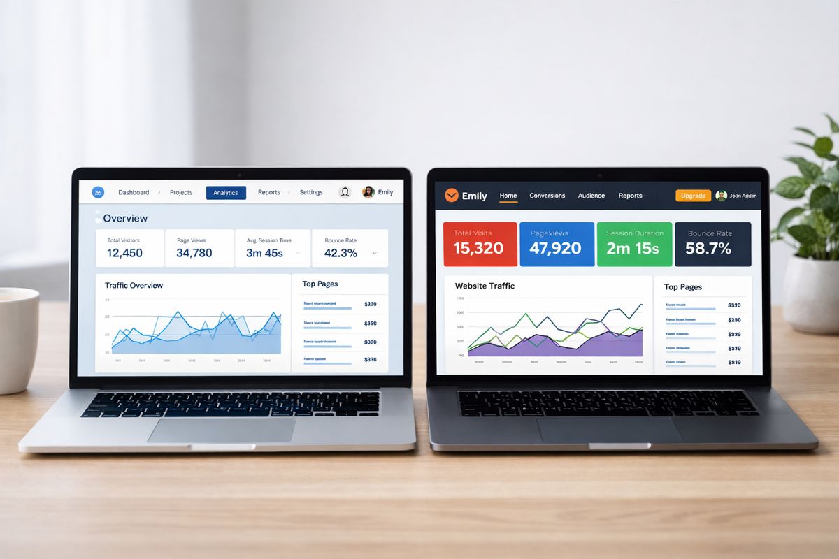 A product navigation bar inside a SaaS app showing an analytics page on the same domain and in the same visual style as the rest of the interface, with matching colors, menus, and login session behavior, while a contrasting vendor-hosted analytics window sits beside it to show the difference in branding and domain