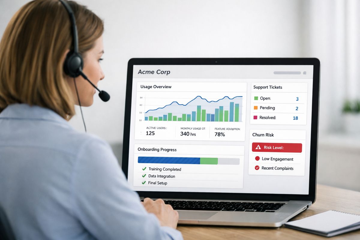 A customer success manager viewing an account page inside a SaaS product, with a built-in usage chart, support ticket summary, onboarding progress, and churn-risk indicators arranged within the same interface beside the customer record