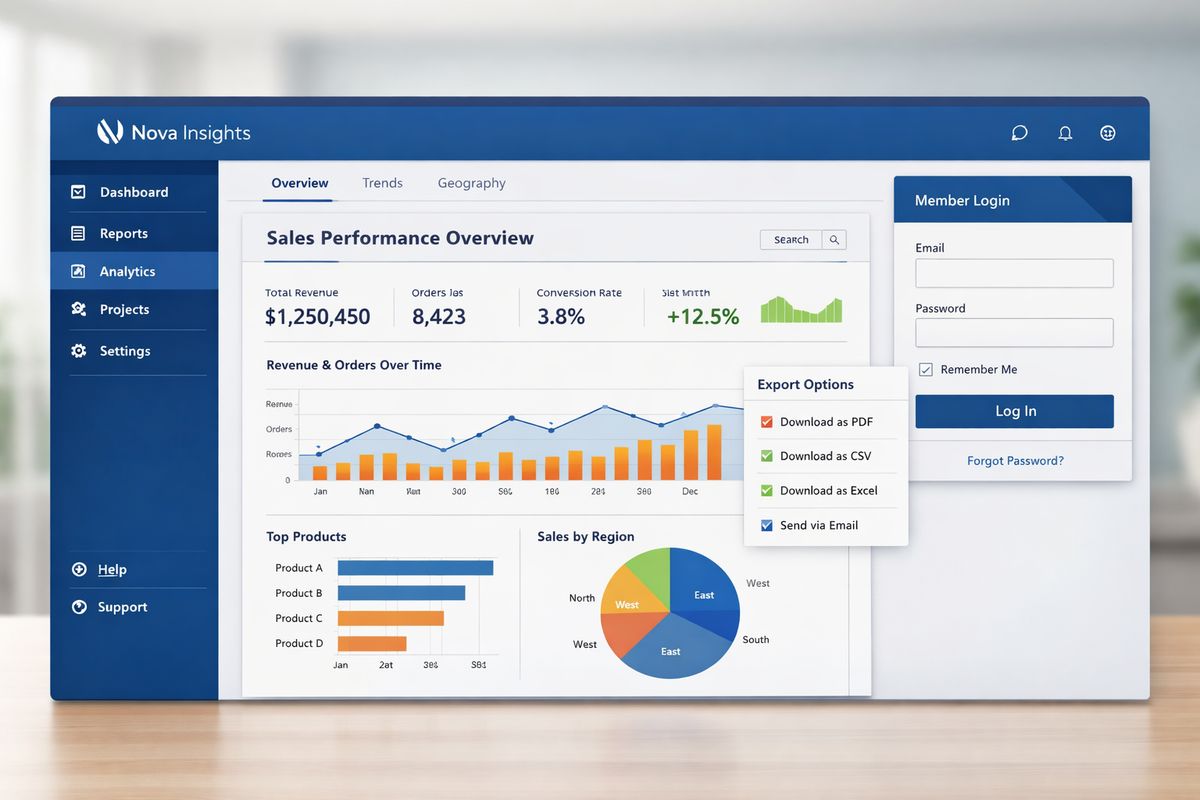 White-Label Power BI: What to Look for Before You Buy A web application screen showing an embedded analytics report inside a branded product interface, with the report surrounded by a custom navigation bar, a login panel in the same style, and a separate export menu opened beside it, all presented as part of one cohesive customer portal rather than a standalone BI tool.