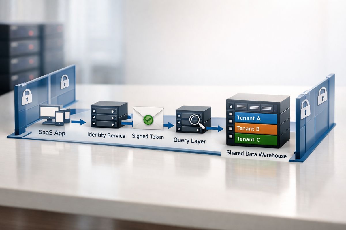 A secure analytics workflow diagram showing a user session passing from a SaaS app into an identity service, then into a query layer and finally to a shared data warehouse with separate tenant partitions, illustrated with connected server blocks, a signed token envelope, and locked lanes keeping one customer
