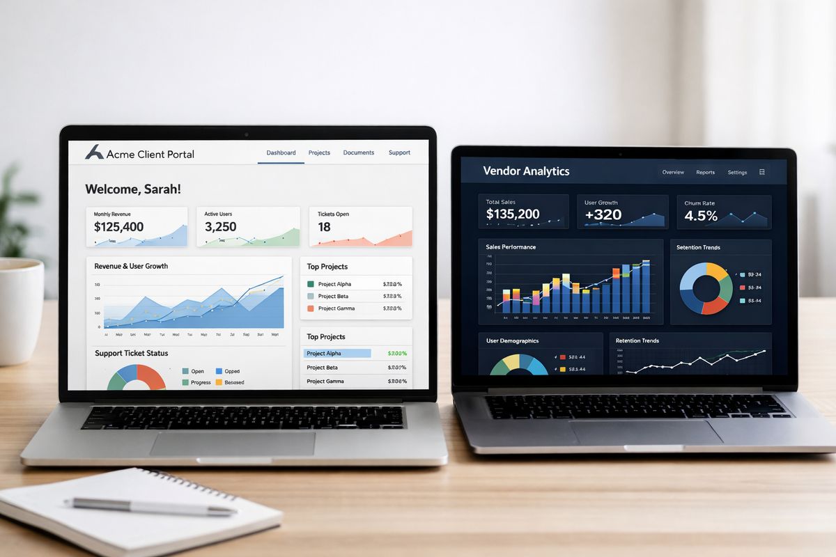 A product interface showing an embedded analytics dashboard inside a branded customer portal on one screen, while a second browser window beside it displays a separate vendor-hosted analytics page with a different visual style, making the contrast between native-looking embedding and a visible third-party experience clear.