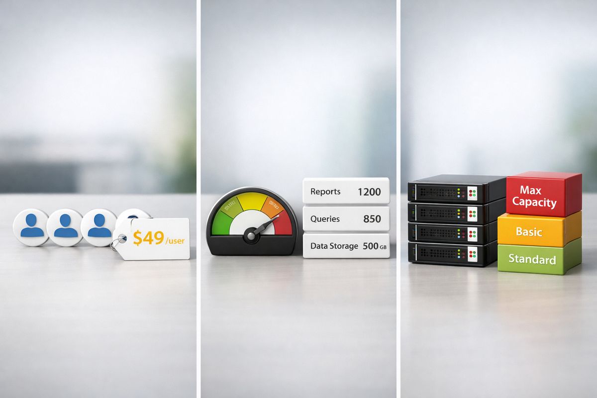 A split visual showing three billing setups for embedded analytics: one with a row of identical user badges beside a price tag, one with a meter and stacked usage counters, and one with a server rack and capacity blocks, all arranged on a clean table to suggest different pricing models for the same analytics product.