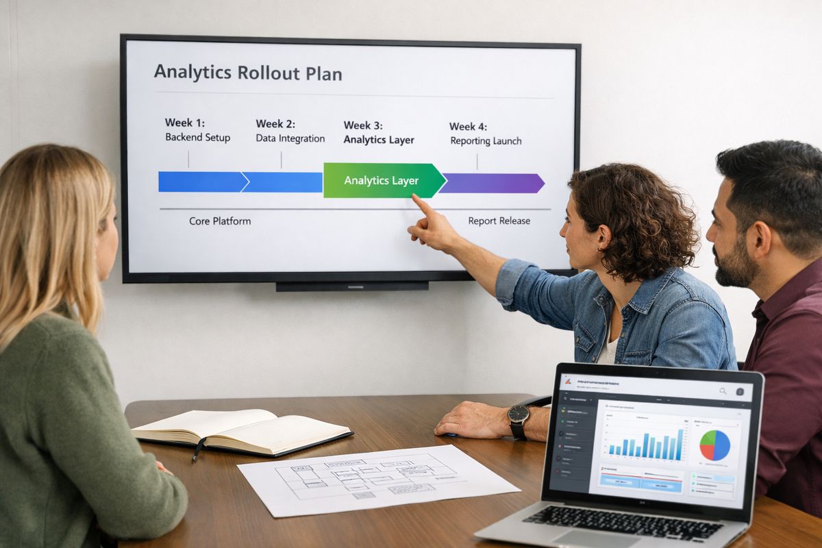 Embedded Analytics for SaaS: The Fastest Path to Launch A SaaS product product team reviewing a customer-facing analytics rollout plan on a large monitor, with a timeline showing the analytics layer being added in weeks, alongside a notebook, a printed architecture sketch, and a second screen displaying an embedded reporting panel inside the main application interface