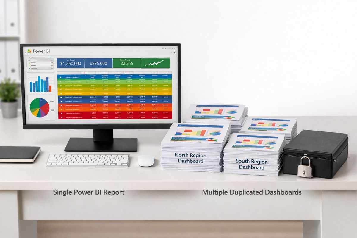 A single Power BI report displayed on a large monitor with several differently colored data rows visible in one view, alongside separate stacked printouts labeled by customer region and a locked folder, showing the contrast between one shared model and many duplicated dashboards