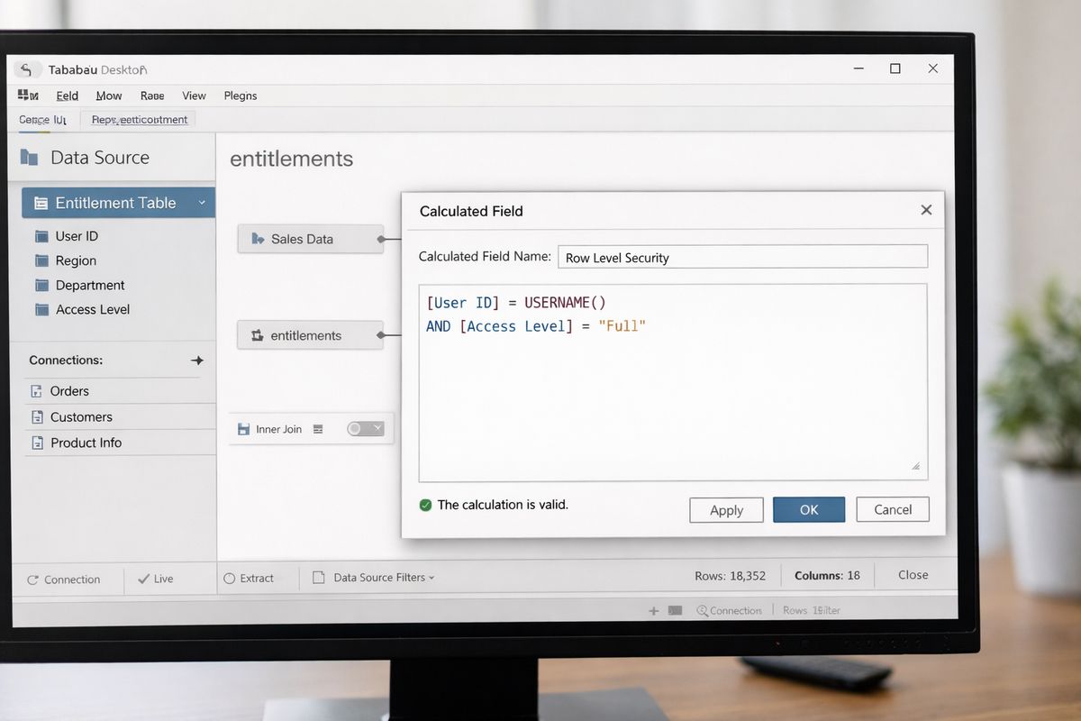 A Tableau Desktop data source view with a calculated field panel open next to a connected entitlement table, showing the security rule being applied at the data source level before the source is published and reused across multiple dashboards.