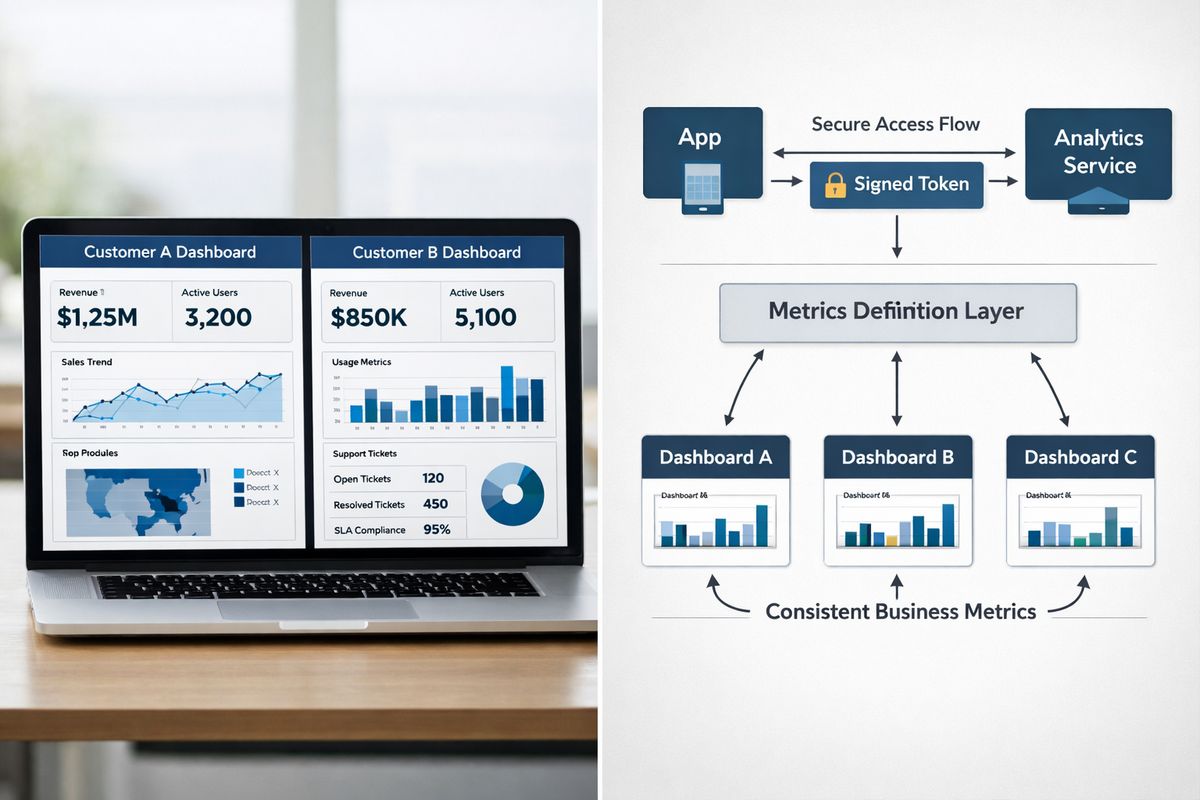 A split-screen mockup of two customer tenant dashboards showing different data sets and access boundaries, alongside a secure access flow with a signed token being exchanged between an app and an analytics service, plus a metrics definition layer connecting several dashboards to the same underlying business measures