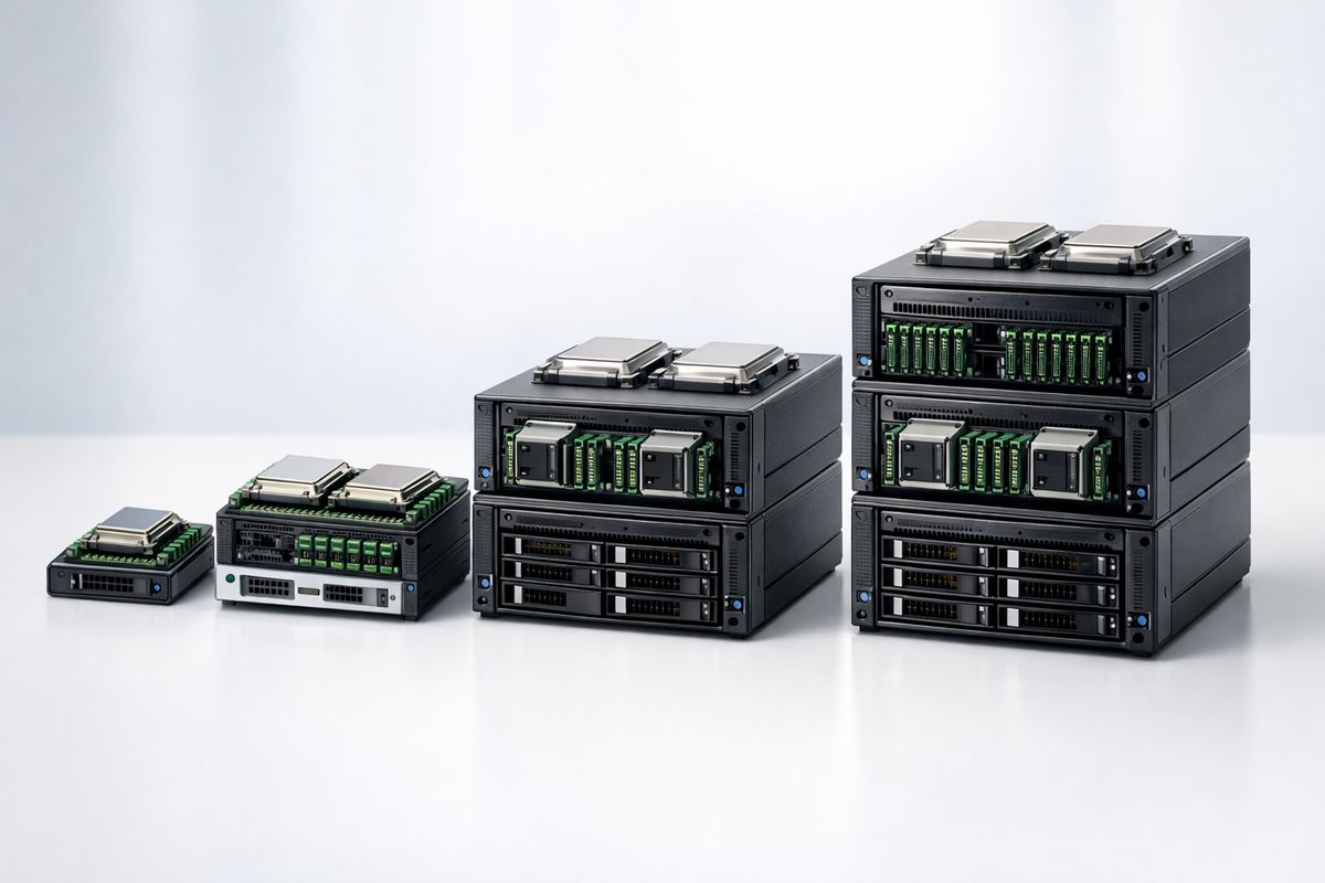 A clean comparison view of stacked capacity tiers represented by progressively larger server-like blocks, with visible increases in memory modules and processor components from the smallest tier to the largest