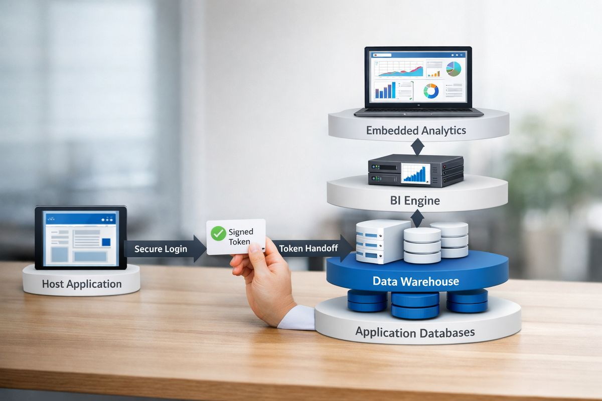 A layered system diagram showing application databases, a warehouse, a BI engine, and an embedded analytics panel connected by data flows, alongside a secure login handoff with a signed token passing from the host app to the analytics layer