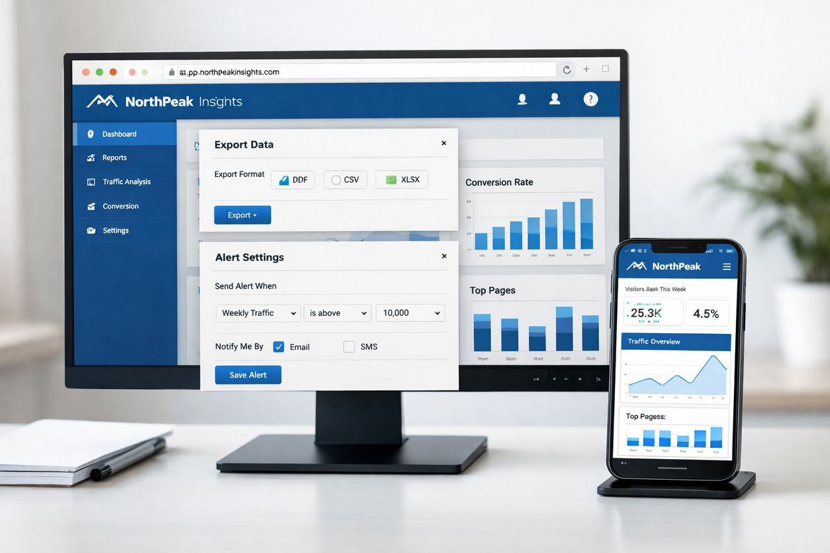 White-Label Power BI: What to Look for Before You Buy A customer-facing analytics page on a desktop monitor with a fully branded header, custom domain-style browser window, matching sidebar navigation, and several export and alert panels open, alongside a second screen showing a mobile view of the same analytics experience to highlight how branding carries across surfaces.