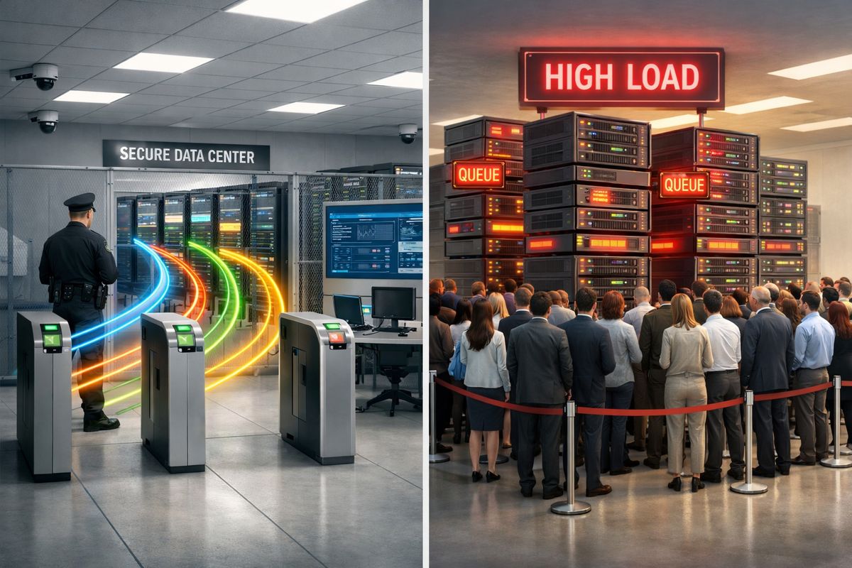 A split-view infrastructure scene with one side showing multiple tenant data streams routed through a secured warehouse with access controls and audit logging, and the other side showing a heavy query from one large customer crowding shared compute resources, visualized as stacked processing nodes and queue lines around the same server cluster