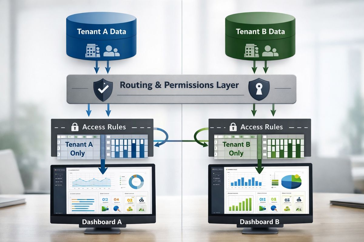 A split-screen system diagram with two isolated customer data environments, each feeding into separate dashboard views, plus a central routing layer and permission gates that control which tenant data appears in each view, emphasizing data isolation and row-based access.