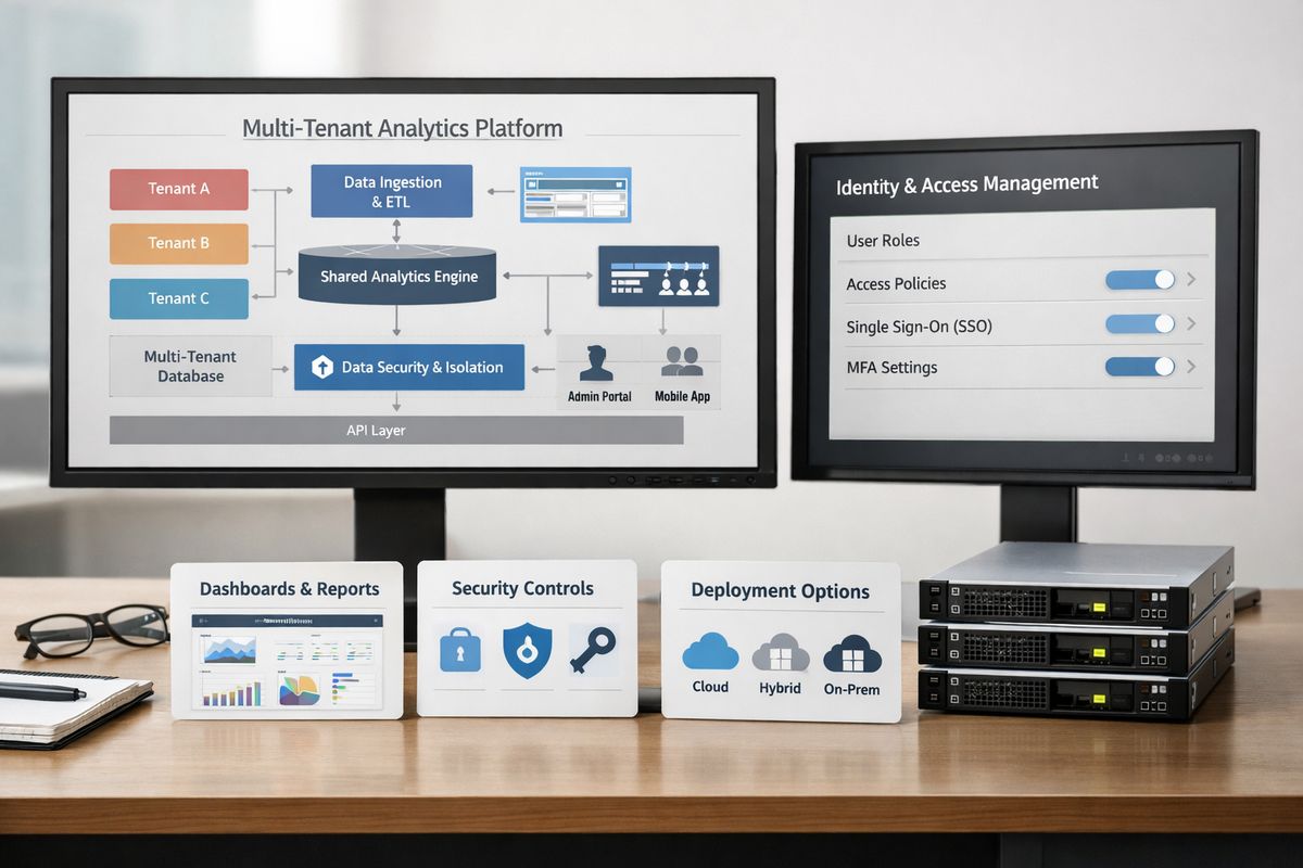 A product architecture workspace with a multi-tenant analytics app diagram on a screen, a second monitor showing identity and access settings, and nearby printed cards representing dashboards, security controls, and deployment options, alongside a small stack of server hardware to suggest how scale, security, and hosting affect cost.