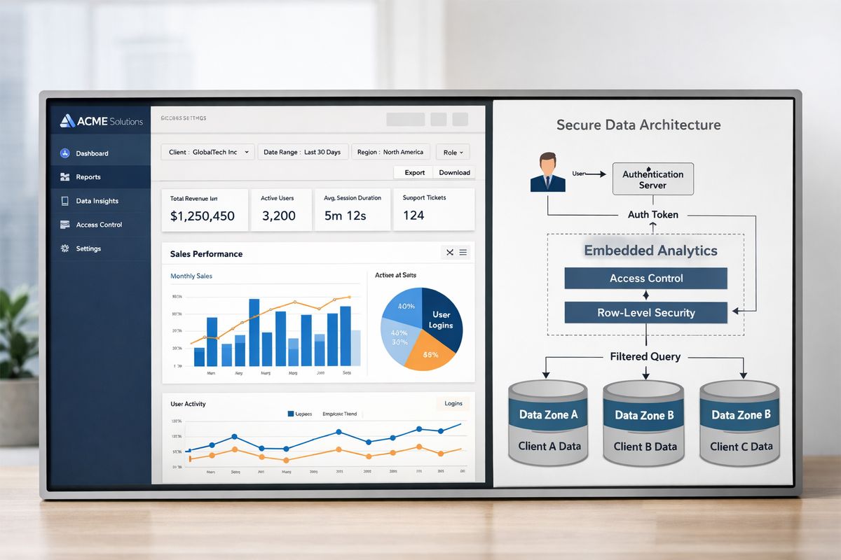 Embedded Analytics for SaaS: The Fastest Path to Launch A secure embedded analytics interface inside a business application, showing a tenant-separated reporting view with filters, role-based access settings, export controls, and a branded side navigation, displayed next to a technical security diagram with token-based authentication, row-level access rules, and isolated data zones