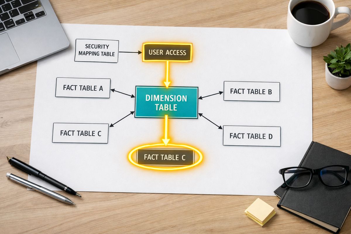 A data model diagram spread across a desk showing a central dimension table connected by arrows to multiple fact tables, with a separate small security mapping table feeding into the model and one relationship path highlighted to indicate how access flows through the schema