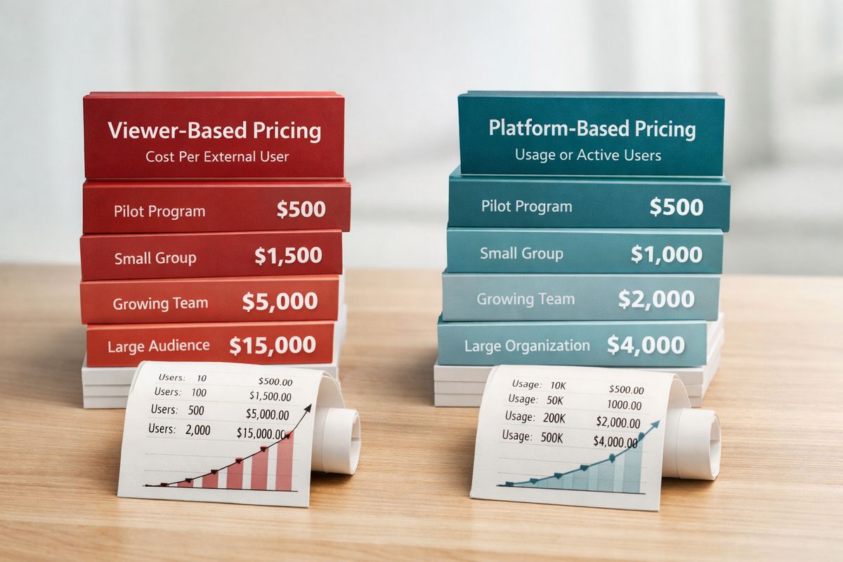 A pricing comparison board with several stacked cards and calculator printouts showing growth from a small pilot to a large customer base, with one side illustrating viewer-based costs rising sharply as more external users are added and the other side showing platform or usage-based costs scaling more gradually