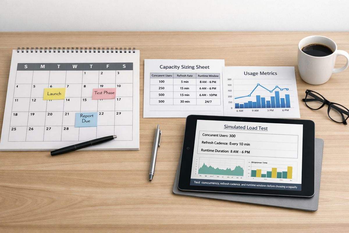 A planning workspace with a calendar, a capacity sizing sheet, and a usage graph beside a tablet showing a report under simulated traffic, suggesting testing concurrency, refresh cadence, and runtime windows before choosing a capacity