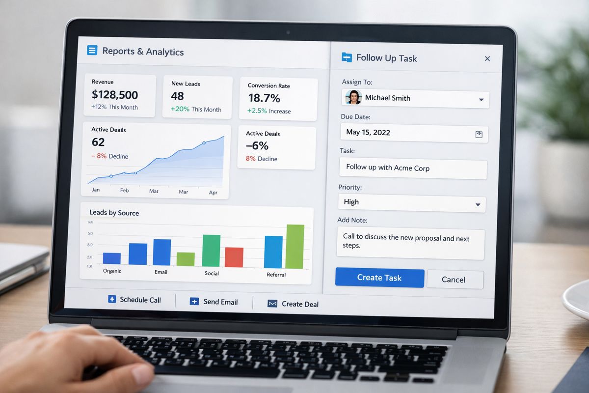 A product interface with an in-app reporting panel seamlessly matching the rest of the software, showing account metrics and trend charts, next to a streamlined workflow where a user can move from insight to action without leaving the application