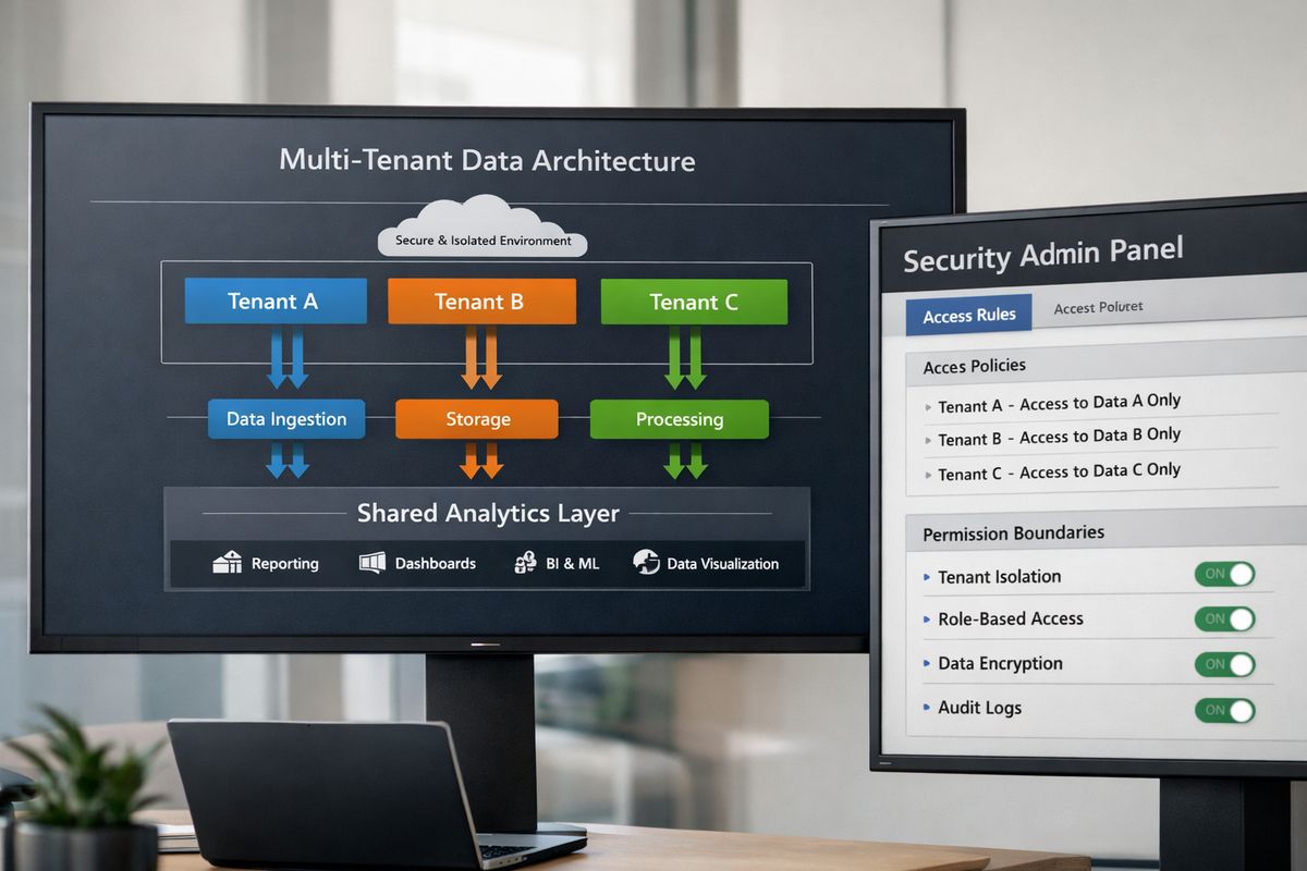 White-Label Power BI: What to Look for Before You Buy A multi-tenant data architecture diagram on a large display with several separate tenant data streams feeding into one shared analytics layer, each tenant represented by isolated containers or color-coded data lanes, with a security admin panel open beside it showing access rules and permission boundaries.