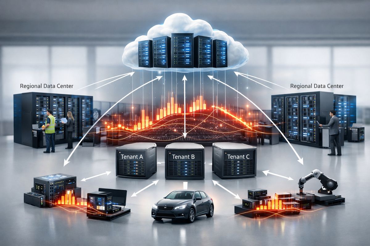 A modern distributed analytics infrastructure spread across several regional data centers, with one central cloud cluster feeding edge nodes and isolated tenant storage areas, while large computation jobs fan out across the network to show growing performance pressure and hybrid deployment patterns