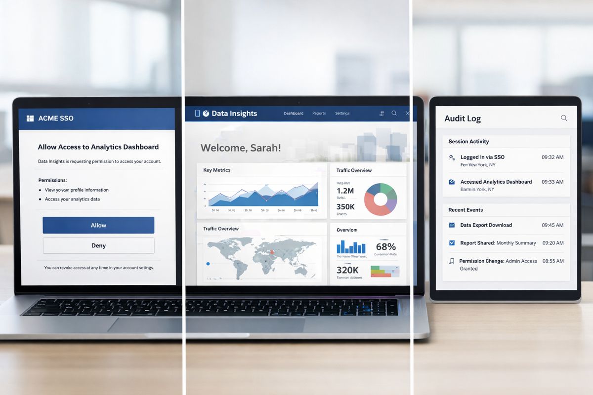 A secure login flow shown across three connected application screens: a single sign-on identity provider approval page, a token-based access handoff into a branded analytics area, and an audit log panel with session activity and access events, all on a clean enterprise-style interface.