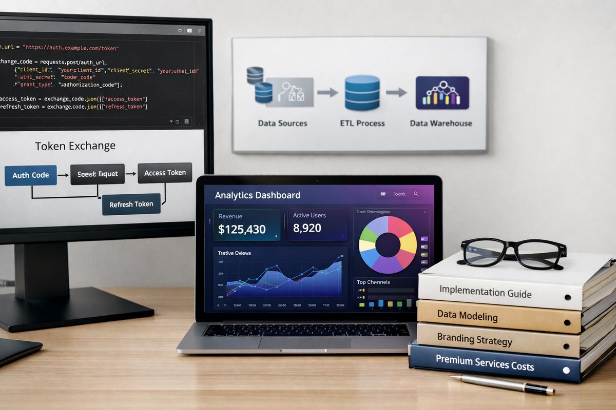 A close-up scene of an analytics integration in progress: a code editor on one screen connected to a token exchange flow, a data pipeline diagram on a wall display, a branded analytics panel mockup with custom color themes, and a stack of support documents and environment folders to show implementation, modeling, branding, and premium service costs.