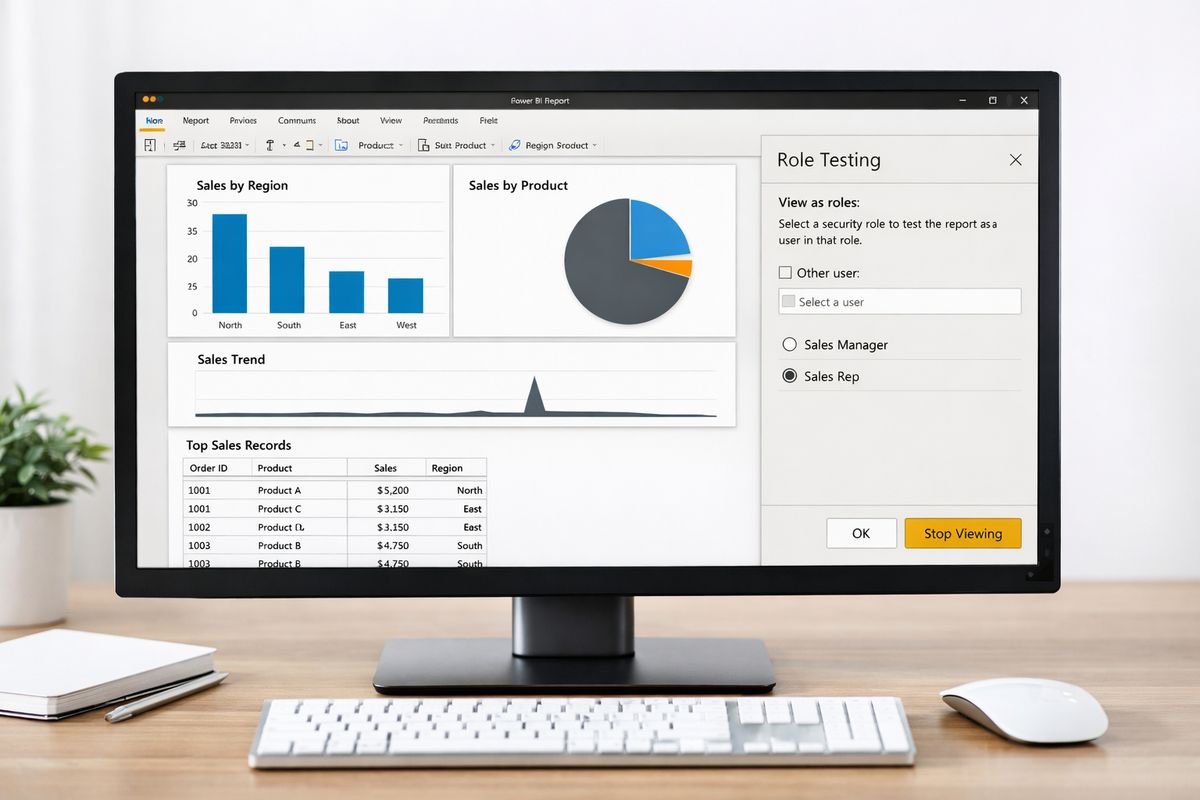 A Power BI Desktop window on a monitor showing a report with a few filtered charts and a table of limited rows, with a role-testing panel open beside it and one chart visibly reduced to a narrower slice of data to show the effect of viewing the report through a security role