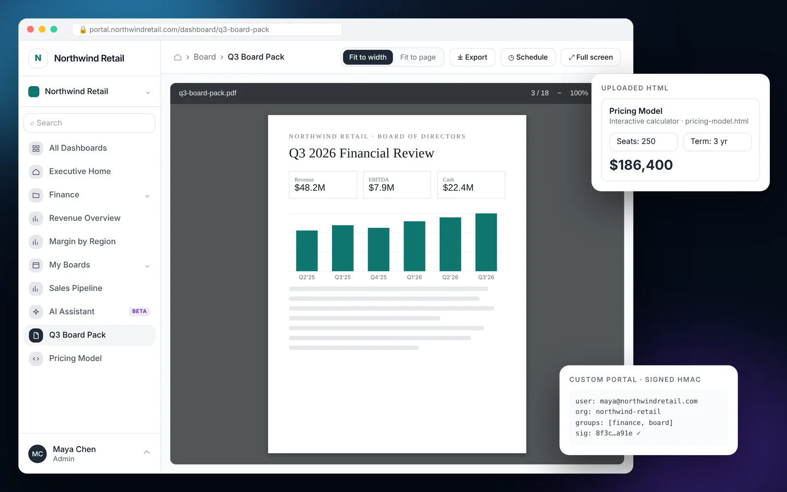 Embed Custom Web Apps, HTML, PDFs and Images A PDF board pack open in the EmbedPortal viewer, with floating cards for an uploaded HTML pricing calculator and a signed HMAC custom portal request