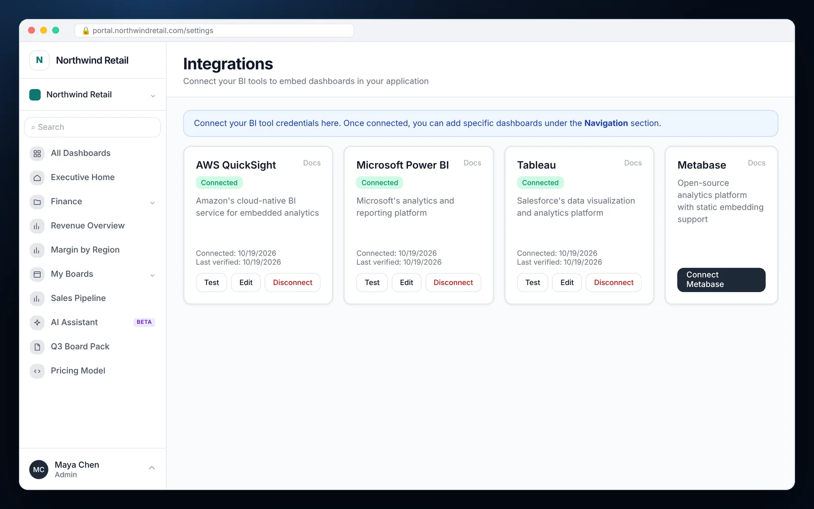 How to Embed Amazon QuickSight Dashboards EmbedPortal Integrations page with AWS QuickSight, Power BI and Tableau connected and Metabase ready to connect