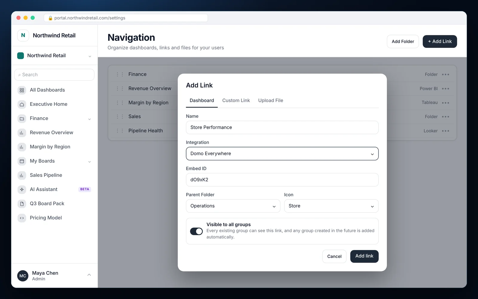 How to Embed Domo Dashboards in a Customer Portal Add Link dialog in EmbedPortal with Domo Everywhere selected, an embed ID, parent folder, icon and Visible to all groups
