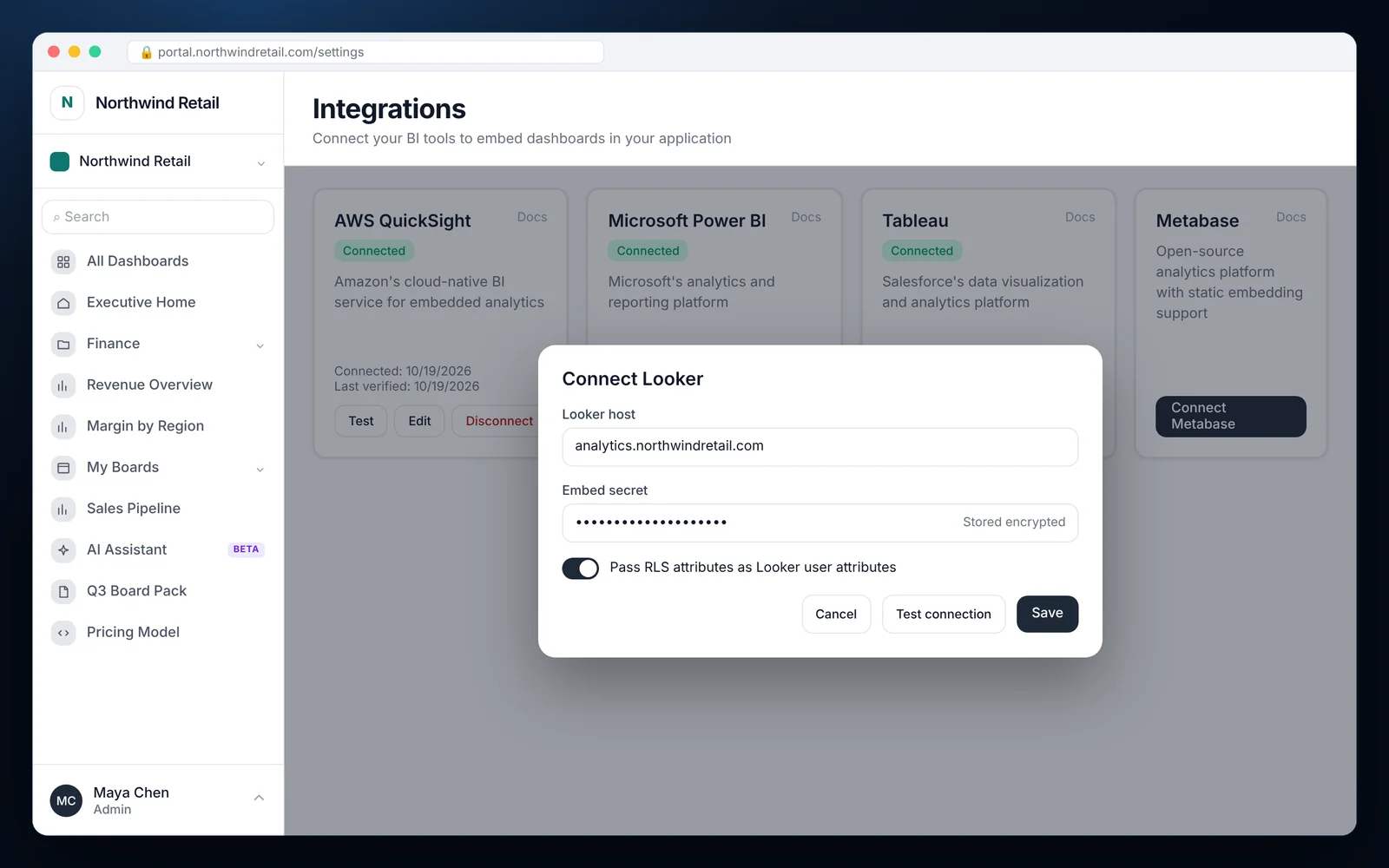How to Embed Looker Dashboards for Customers Connect Looker dialog in EmbedPortal with Looker host, encrypted embed secret and an option to pass RLS attributes