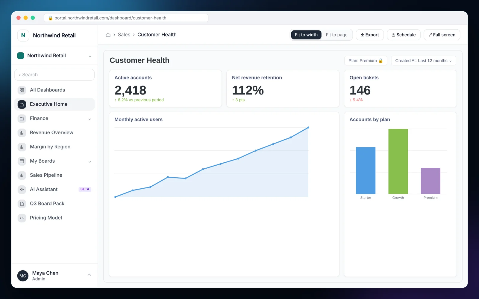 How to Embed Metabase Dashboards Securely A Metabase customer health dashboard with KPI numbers, a monthly active users line and accounts by plan, embedded in EmbedPortal with a locked plan filter