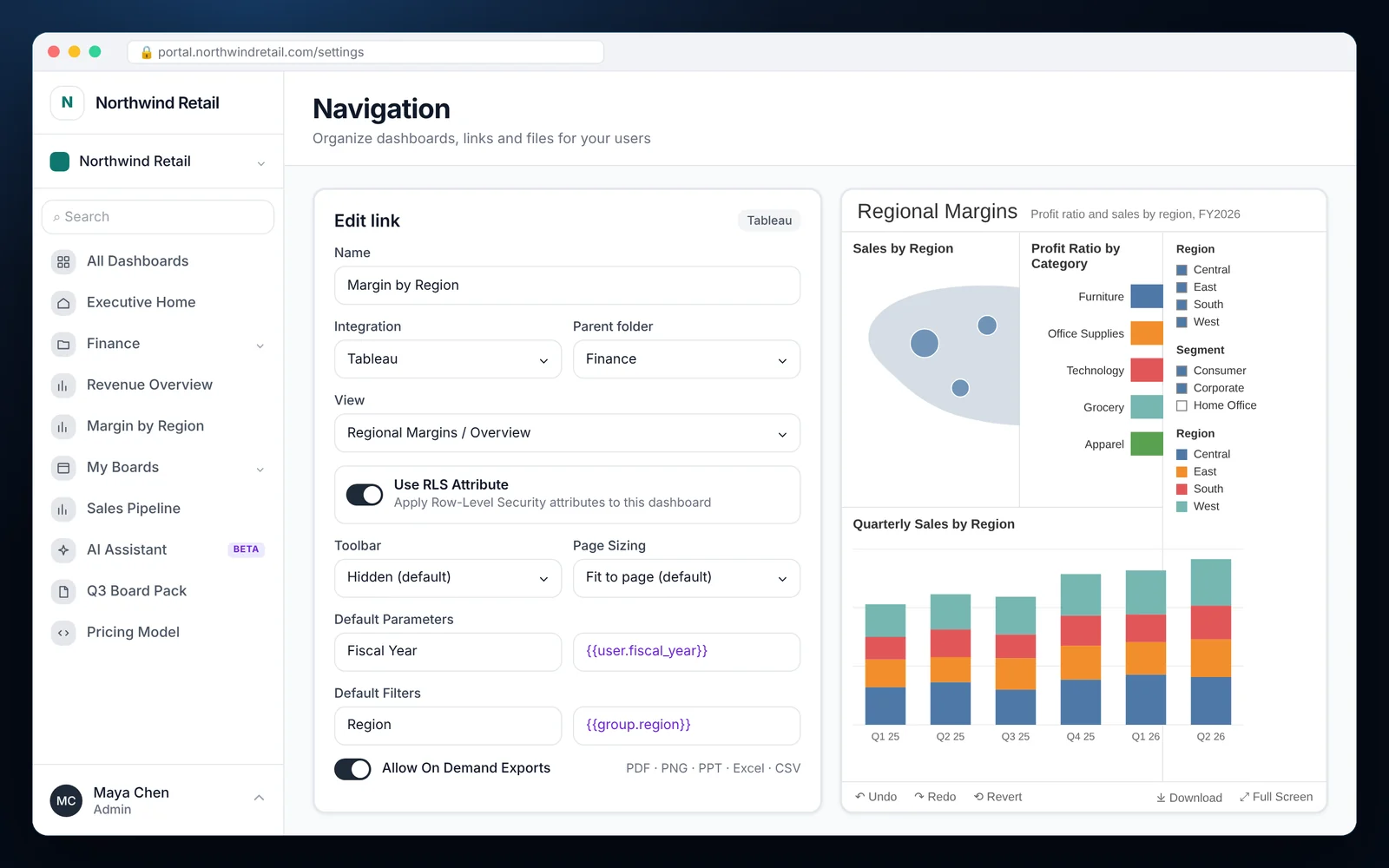 How to Embed Tableau Dashboards in Your App EmbedPortal link settings for a Tableau view with Use RLS Attribute, toolbar, page sizing, default parameters, default filters and on-demand exports