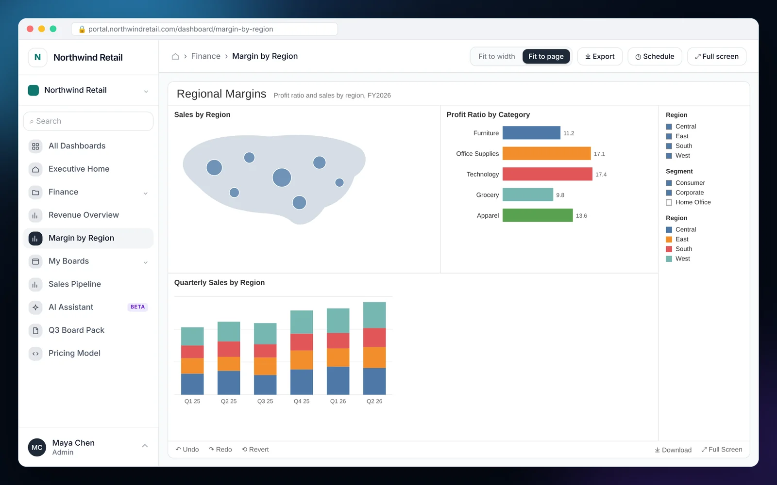 How to Embed Tableau Dashboards in Your App A Tableau dashboard with a regional sales map, profit ratio bars, quarterly stacked bars and filters, embedded in the EmbedPortal viewer