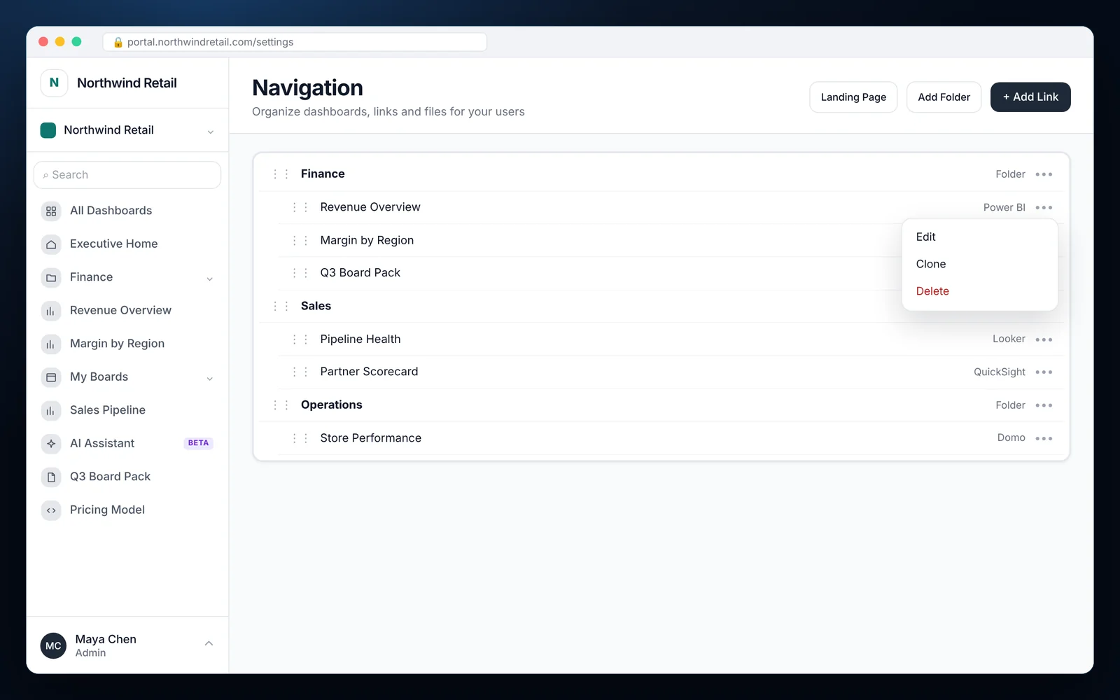 Build a Dashboard Portal Navigation and Landing Page Navigation screen in EmbedPortal with Finance, Sales and Operations folders and an item menu showing Edit, Clone and Delete