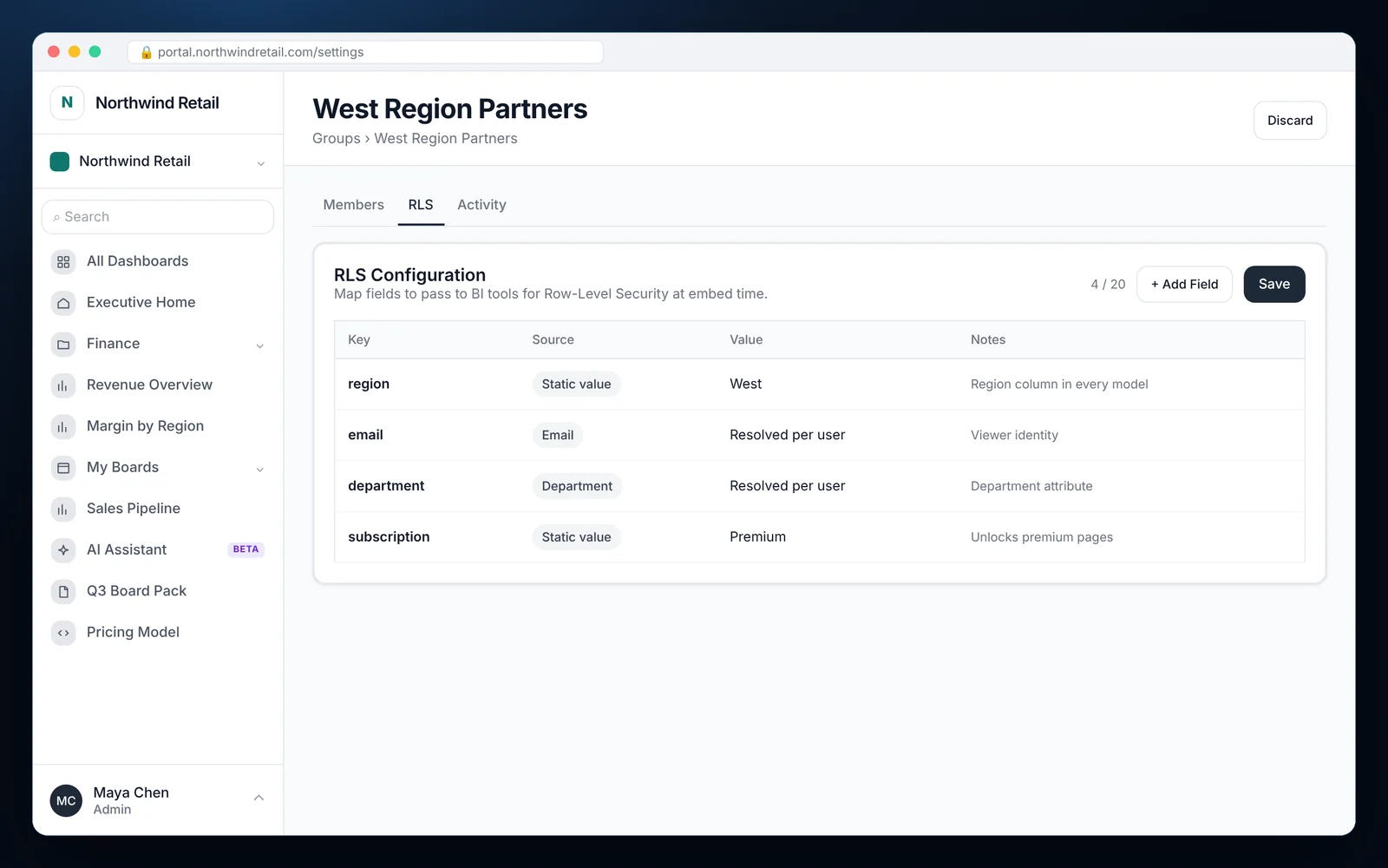 Row-Level Security for Embedded Dashboards RLS Configuration tab for a group in EmbedPortal mapping region, email, department and subscription to static or per-user values