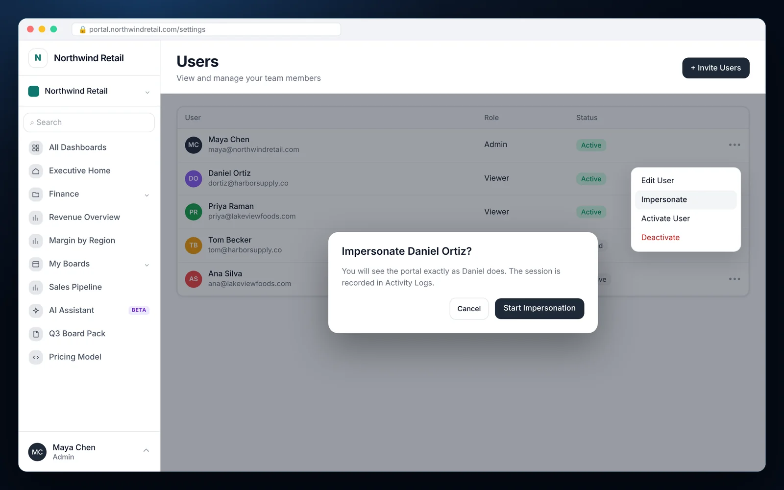 Impersonate Users in Embedded Analytics Users page in EmbedPortal with the Impersonate action selected and a Start Impersonation confirmation